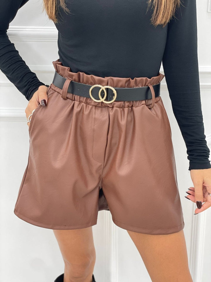 Short in ecopelle con elastico in vita e cintura inclusa - Marrone - Level Stores