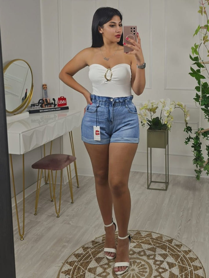 Short in jeans con vita alta a caramella - Jeans chiaro - Level Stores