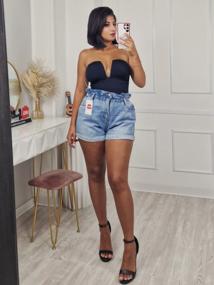 Short in jeans con vita alta a caramella Jeans chiaro Level Stores
