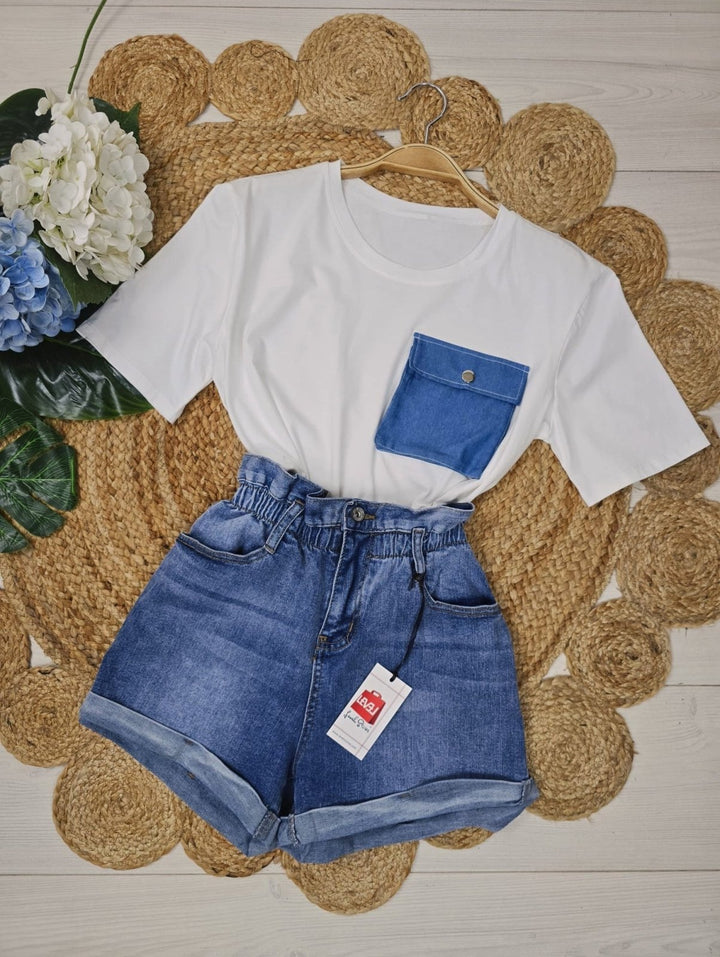 Short in jeans con vita alta a caramella - Jeans chiaro - Level Stores