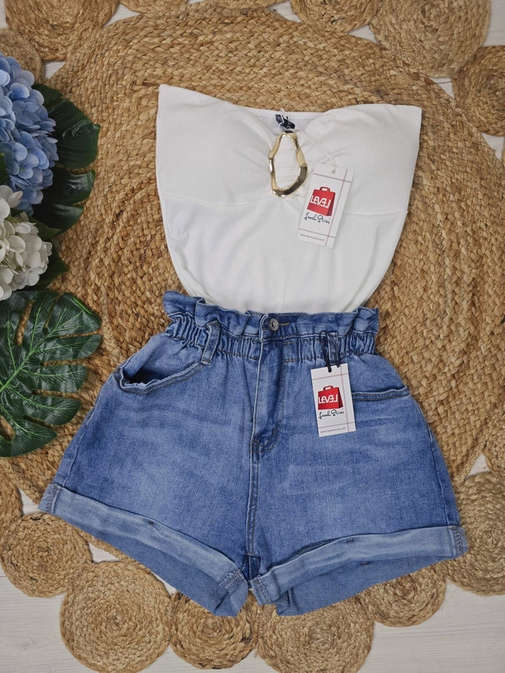 Short in jeans con vita alta a caramella - Jeans chiaro - Level Stores