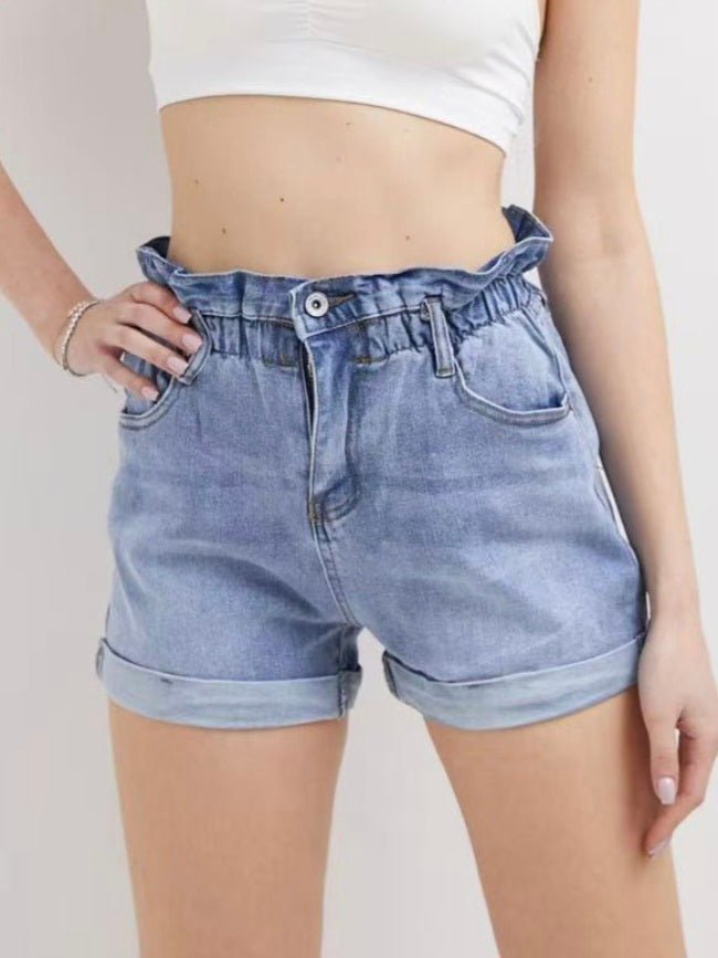 Short in jeans con vita alta a caramella - Jeans chiaro - Level Stores