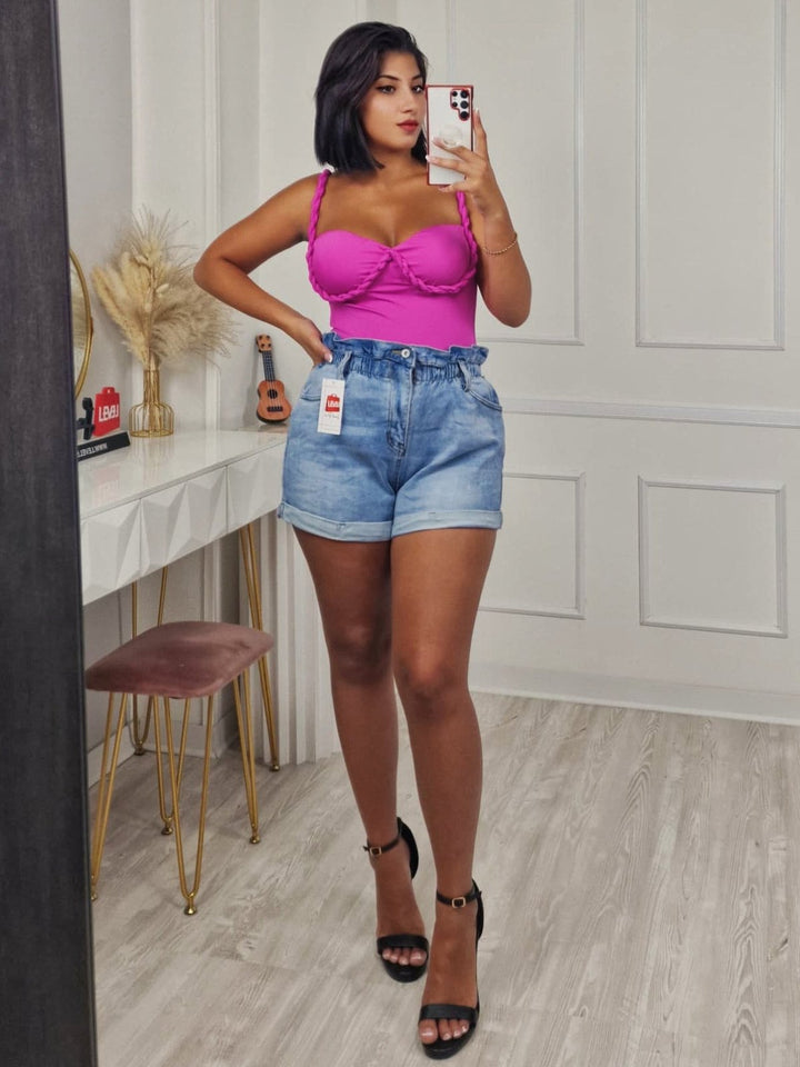 Short in jeans con vita alta a caramella Jeans chiaro Level Stores