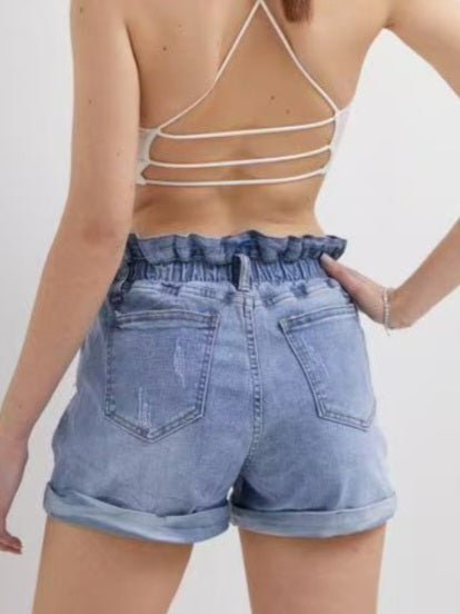Short in jeans con vita alta a caramella - Jeans chiaro - Level Stores
