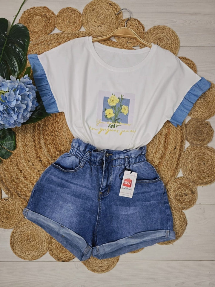 Short in jeans con vita alta a caramella - Jeans chiaro - Level Stores