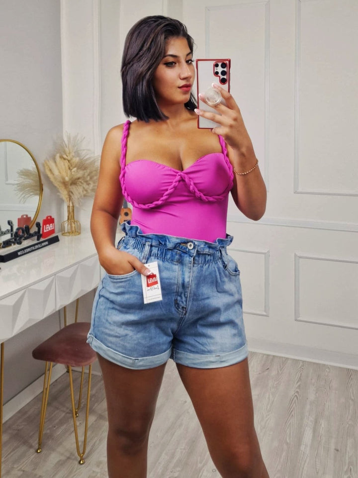 Short in jeans con vita alta a caramella Jeans chiaro Level Stores