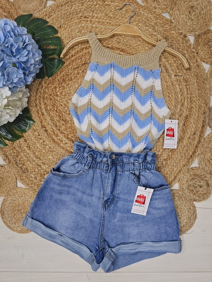 Short in jeans con vita alta a caramella - Jeans chiaro - Level Stores