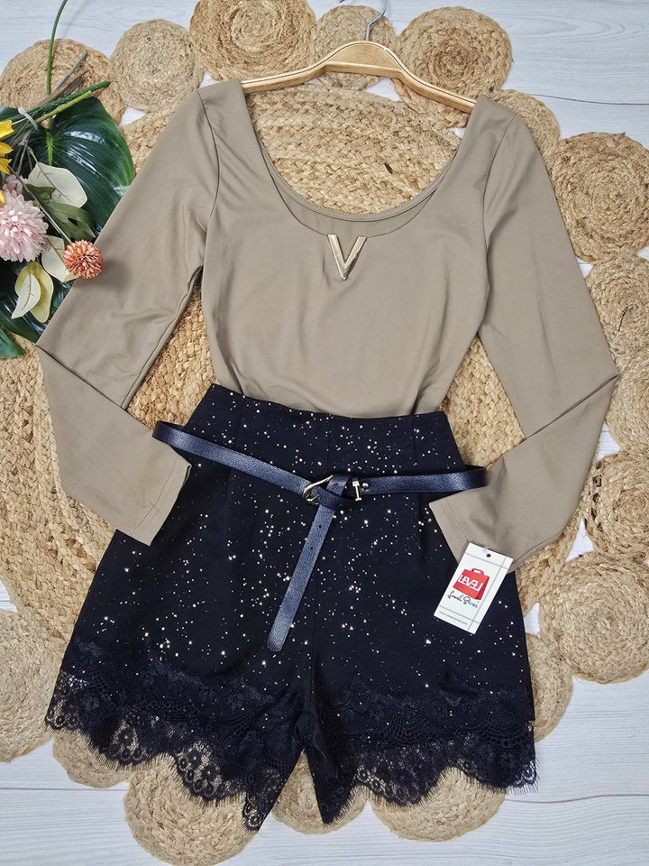 short in lurex elastico sul retro in pizzo cintura elasticizzata Nero Level Stores