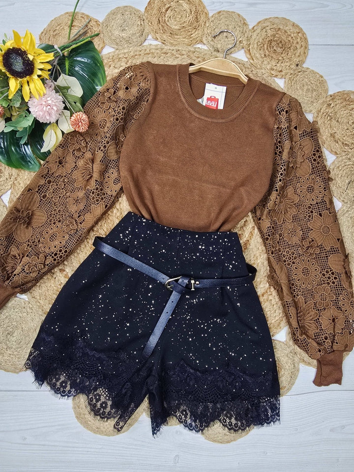 short in lurex elastico sul retro in pizzo cintura elasticizzata Bordo Level Stores