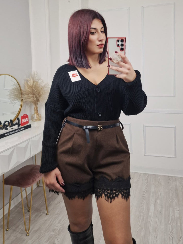 short in panno elastico sul retro in pizzo cintura elasticizzata Marrone Level Stores