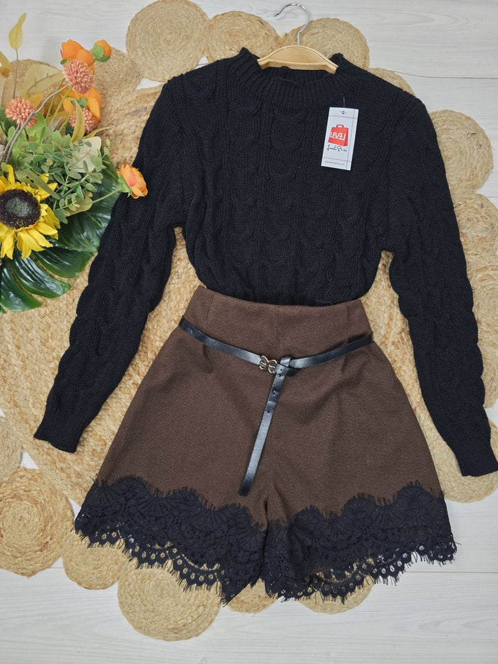 short in panno elastico sul retro in pizzo cintura elasticizzata Beige Level Stores