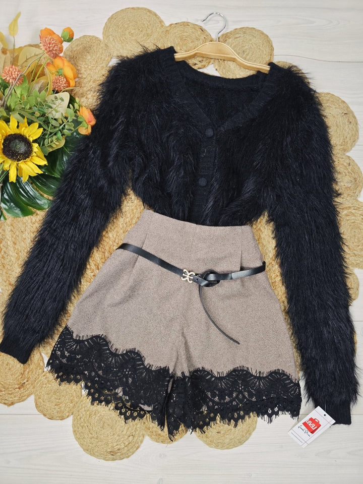 short in panno elastico sul retro in pizzo cintura elasticizzata Beige Level Stores