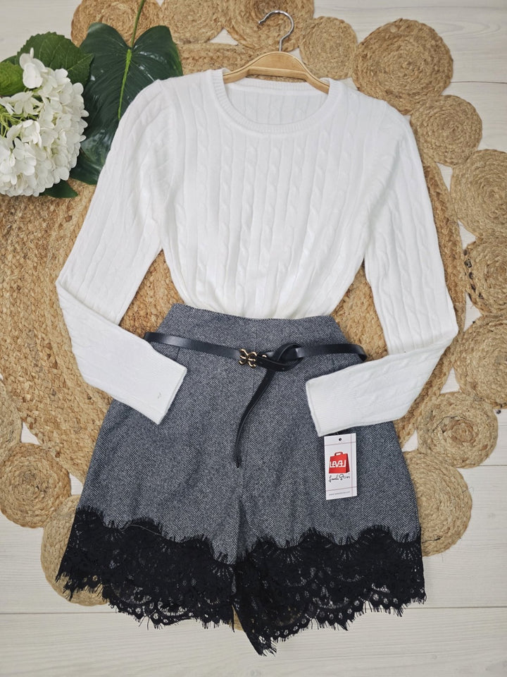 short in panno elastico sul retro in pizzo cintura elasticizzata Beige Level Stores