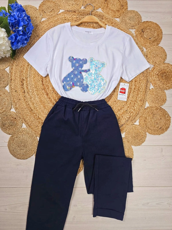 T-shirt a girocollo mezza manica e stampa con paillettes - Bianco - Level Stores