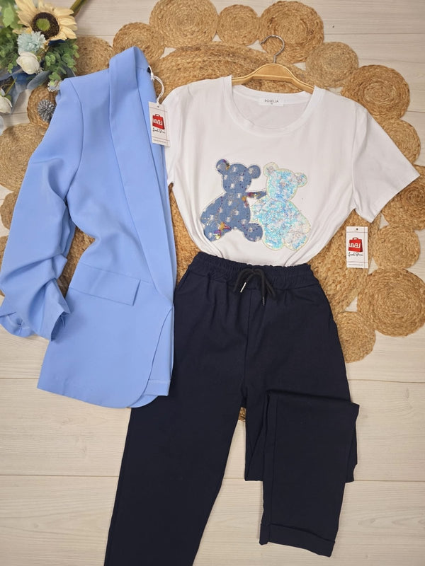 T-shirt a girocollo mezza manica e stampa con paillettes - Bianco - Level Stores