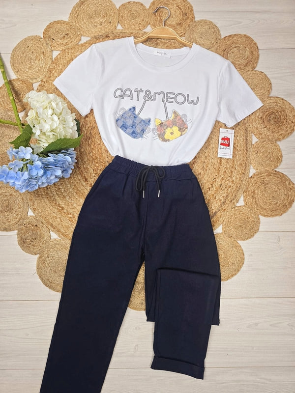 T-shirt a girocollo mezza manica e stampa con paillettes Strass - Bianco - Level Stores
