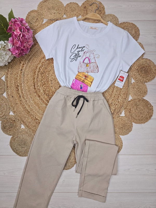 T-shirt a girocollo mezza manica e stampa con strass - Bianco - Level Stores