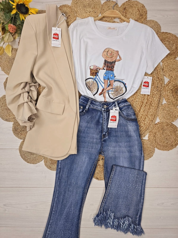 T-shirt a girocollo mezza manica e stampa strass - Bianco - Level Stores