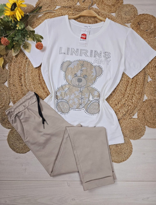 T-shirt a girocollo mezza manica e stampa strass - Bianco - Level Stores