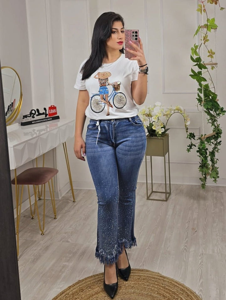 T-shirt a girocollo mezza manica e stampa strass - Bianco - Level Stores