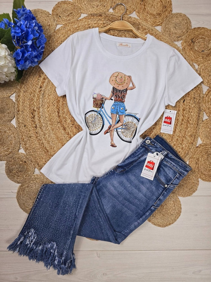 T-shirt a girocollo mezza manica e stampa strass - Bianco - Level Stores