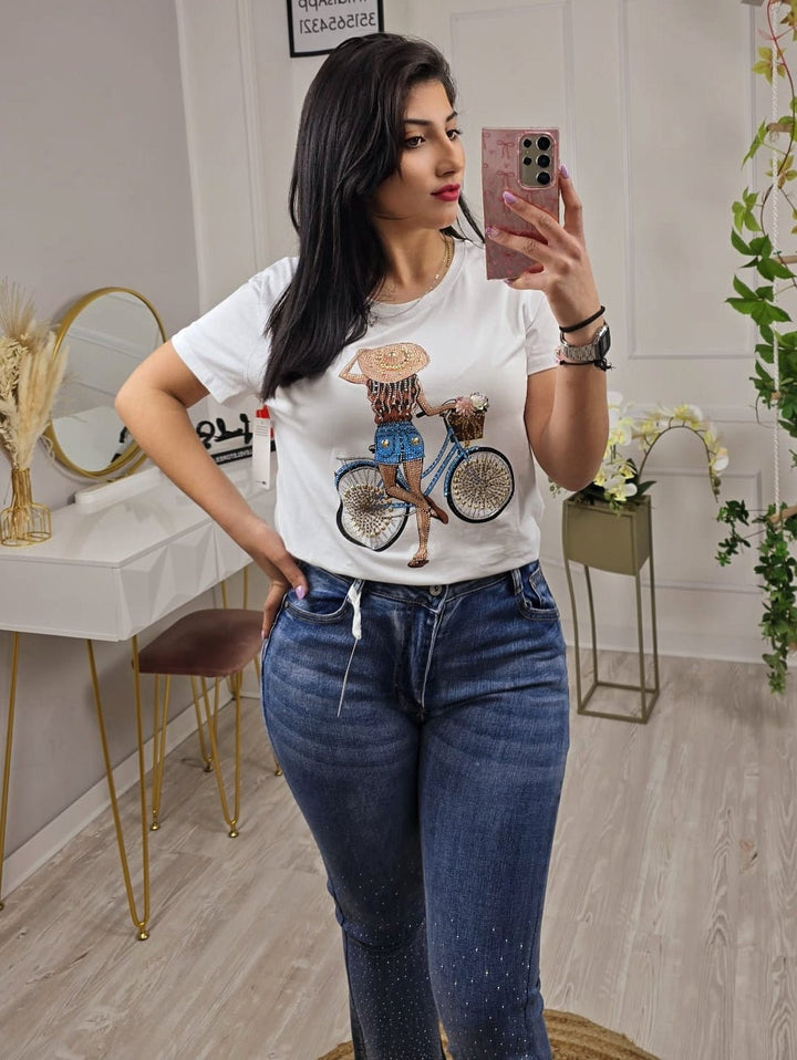 T-shirt a girocollo mezza manica e stampa strass - Bianco - Level Stores