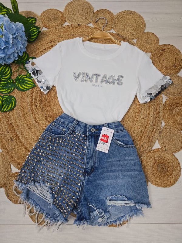 T-shirt con paillettes Bianco Level Stores