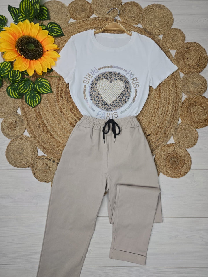 T-shirt con stampa a cuore in strass Bianco Level Stores