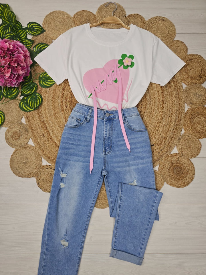 T-shirt con stampa a cuore Bianco Level Stores