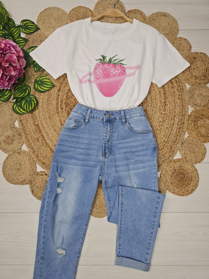 T-shirt con stampa a fragola e strass BIanco Level Stores