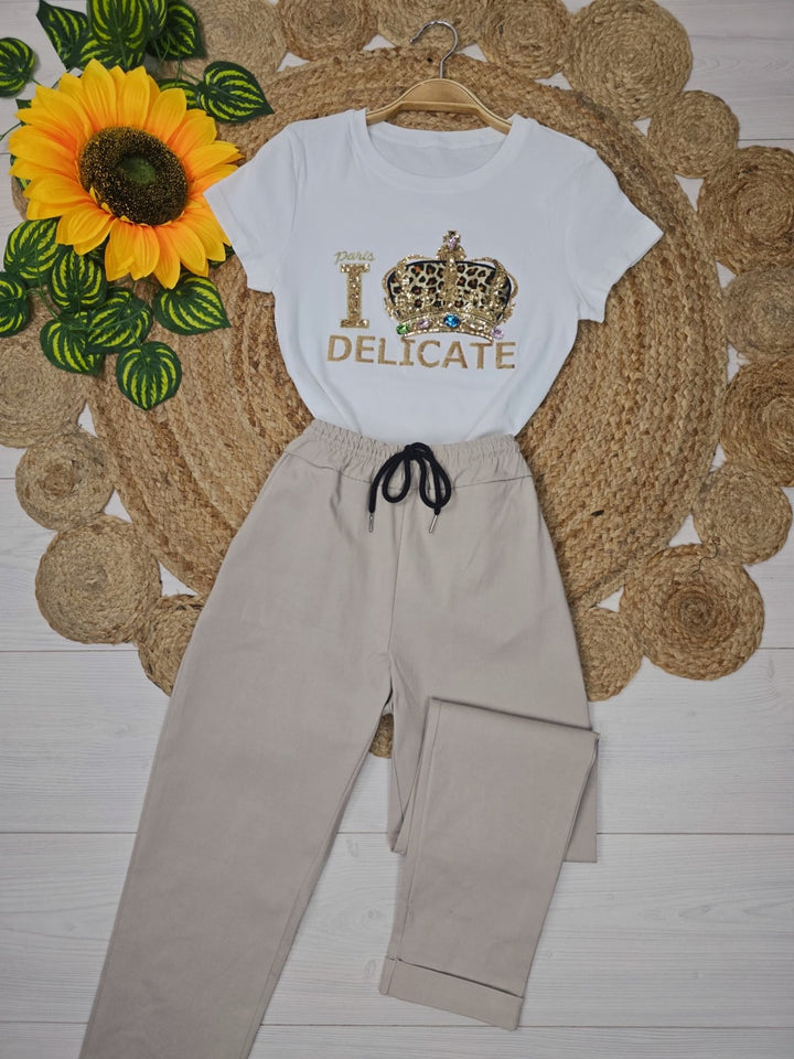 T-shirt con stampa in paillettes e strass Bianco Level Stores