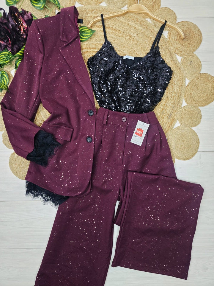 Tailleur completo in lurex con giacca in pizzo e bottoni con fodera, pantaloni palazzo Bordo Level Stores