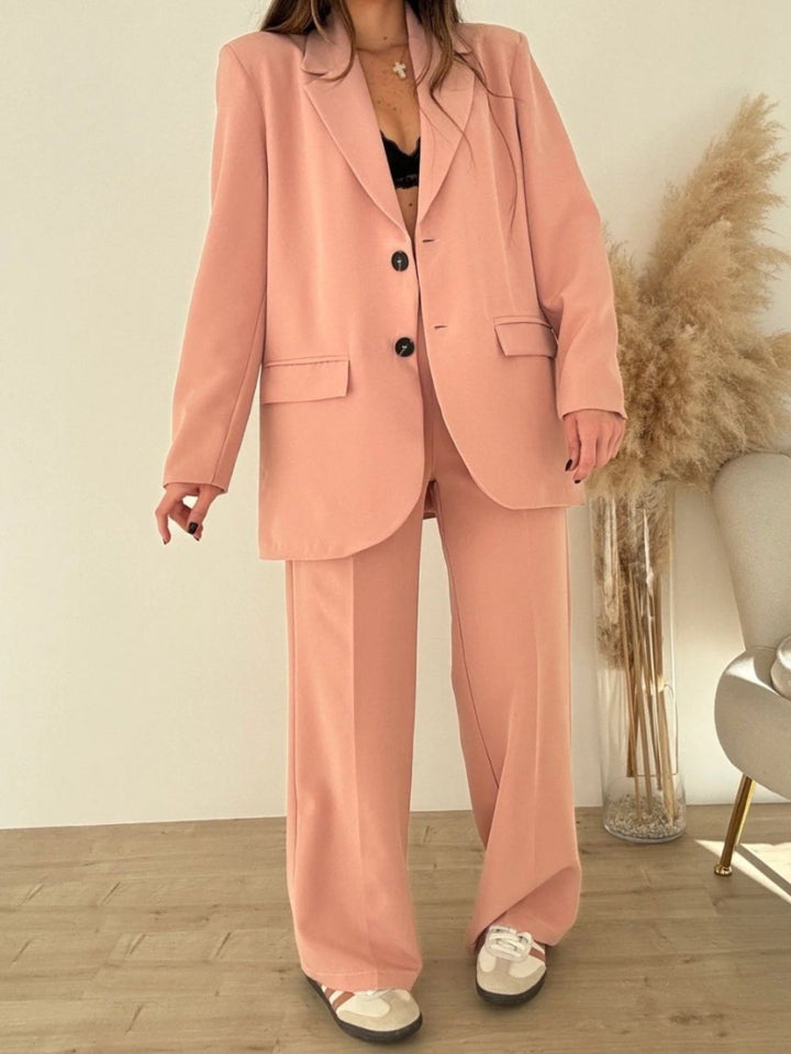 Tailleur giacca con fodera bottoni - pantalone morbido elastico in vita - Rosa - Level Stores