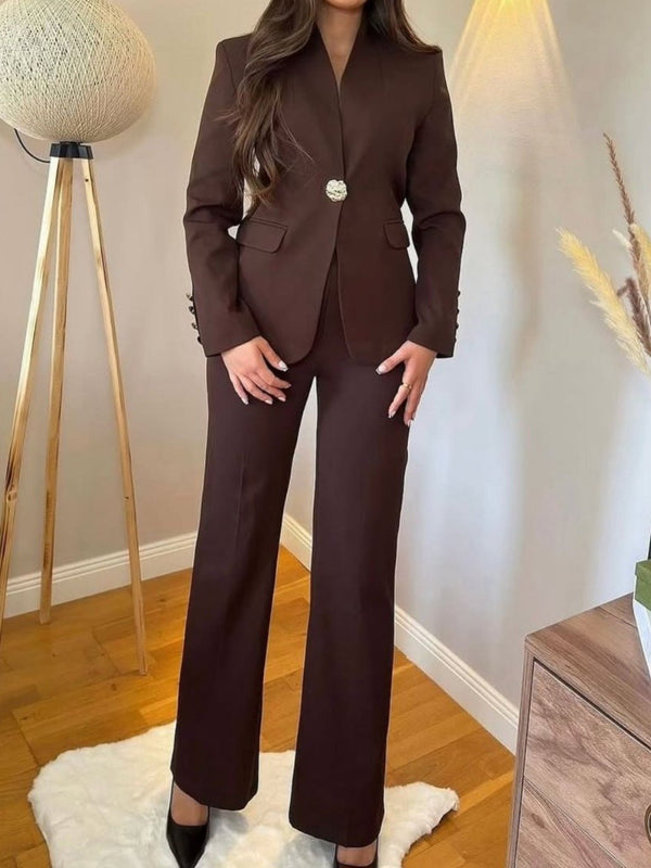 Tailleur giacca con fodera con bottone pantalone palazzo elastico in vita morbido Marrone Level Stores