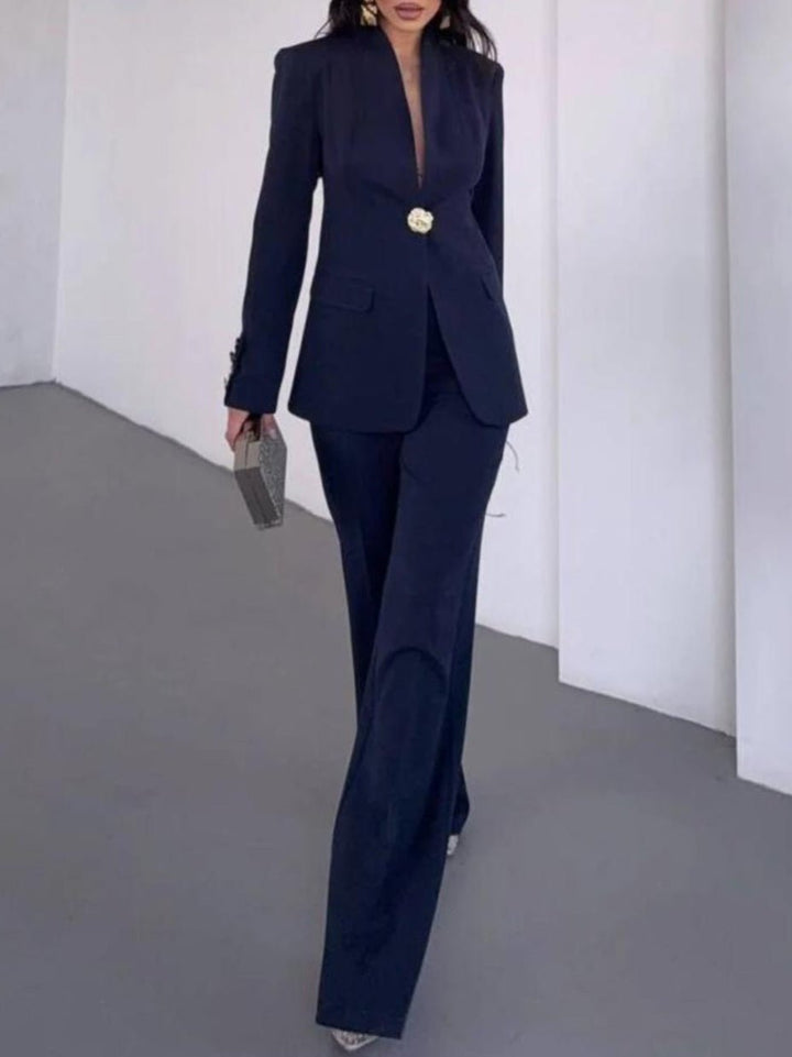 Tailleur giacca con fodera con bottone pantalone palazzo elastico in vita morbido Blu scuro Level Stores