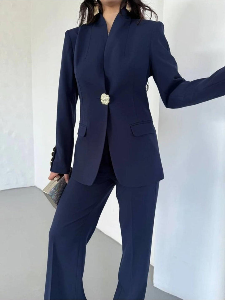 Tailleur giacca con fodera con bottone pantalone palazzo elastico in vita morbido Blu scuro Level Stores