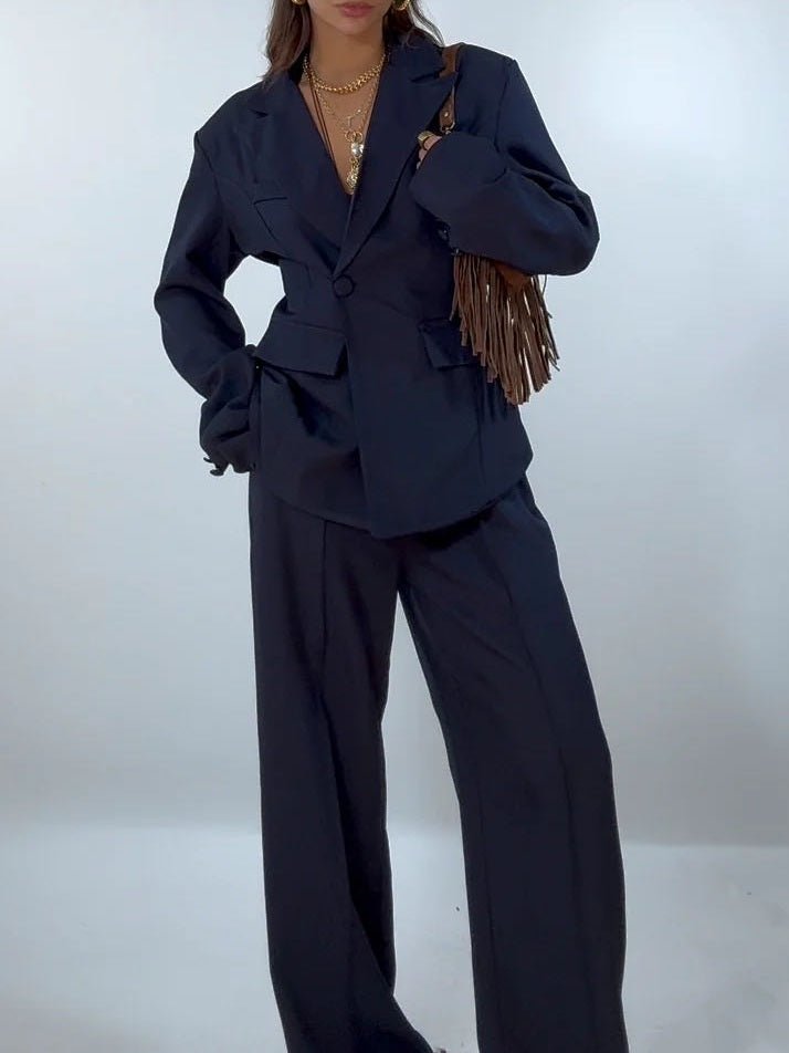 Tailleur giacca con fodera con bottoni pantalone palazzo elastico in vita morbido Blu scuro Level Stores