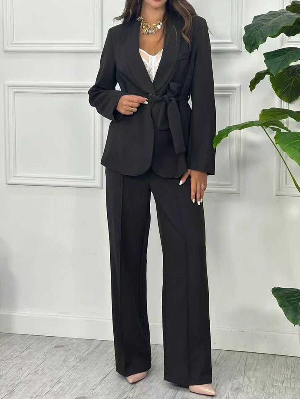 Tailleur giacca con fodera inclusa la cintura - pantalone palazzo elastico in vita Nero Level Stores