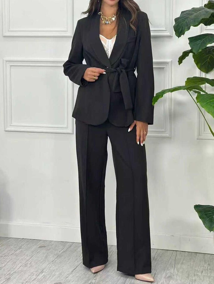 Tailleur giacca con fodera inclusa la cintura - pantalone palazzo elastico in vita Nero Level Stores