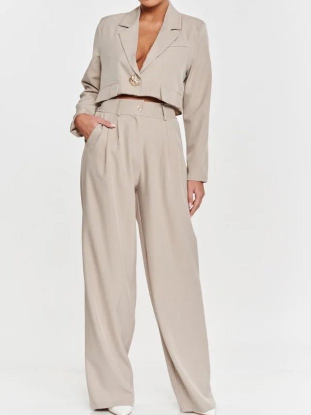 Tailleur giacca con fodera modello corto - pantalone palazzo - Beige - Level Stores