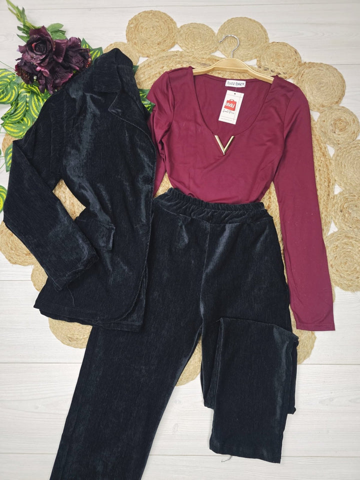 Tailleur giacca - pantalone con elastico in vita in velluto Nero Level Stores