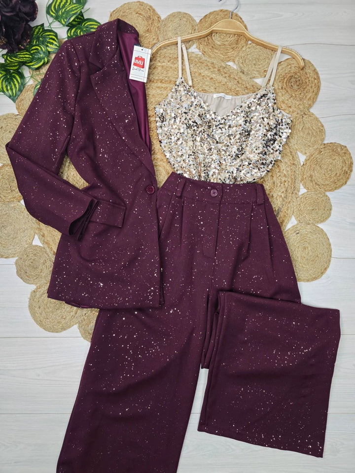 Tailleur in lurex con giacca foderata e bottoni, pantaloni palazzo morbidi con vita elastica Nero Level Stores