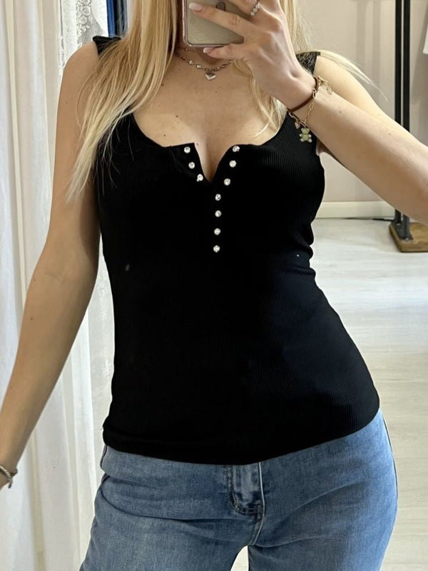 Top a costine con bretelle con coppe preformate Strass&nbsp;Elasticizzato - Nero - Level Stores