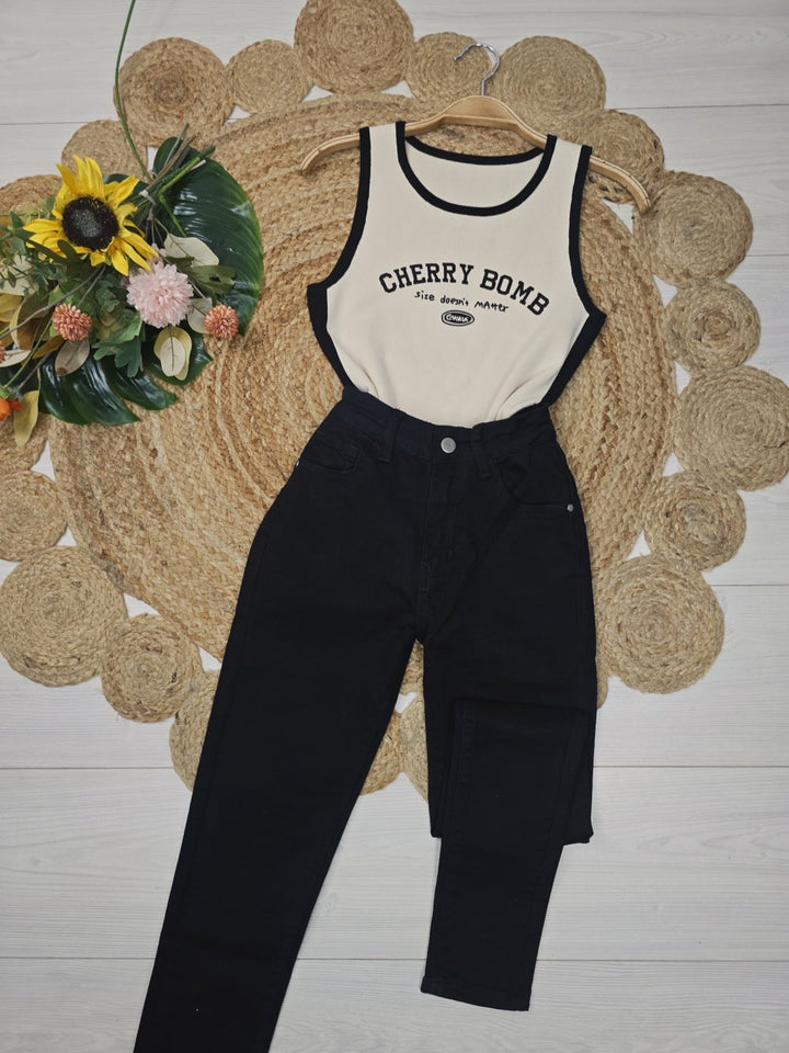 Top a costine con scritta aderente elasticizzato morbido e caldo Beige Level Stores