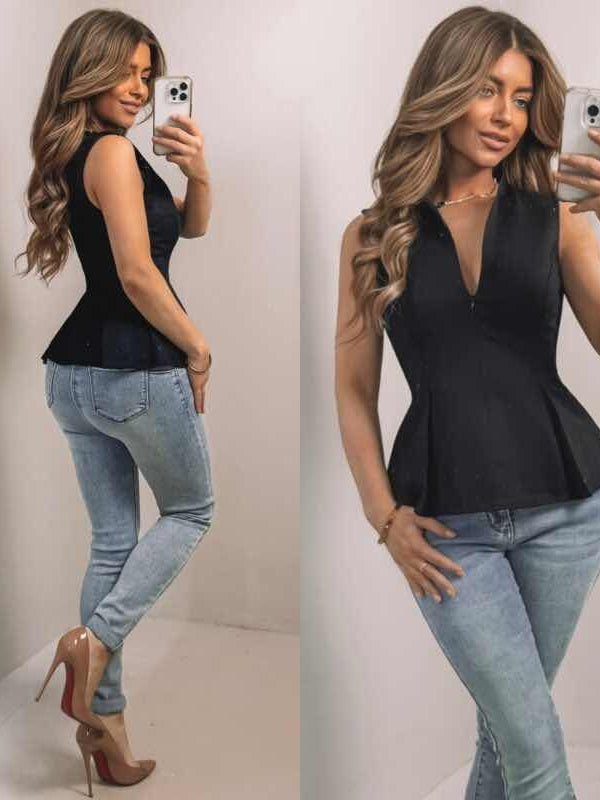 Top con zip centrare smanicato aderente elasticizzato Nero Level Stores