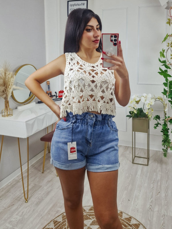 Top effetto uncinetto traforato Spalle largo - Beige - Level Stores