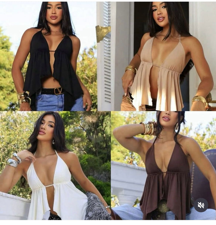 Top in chiffon a bikini chiusura regolabile con coppe preformate tinta unita Beige Level Stores