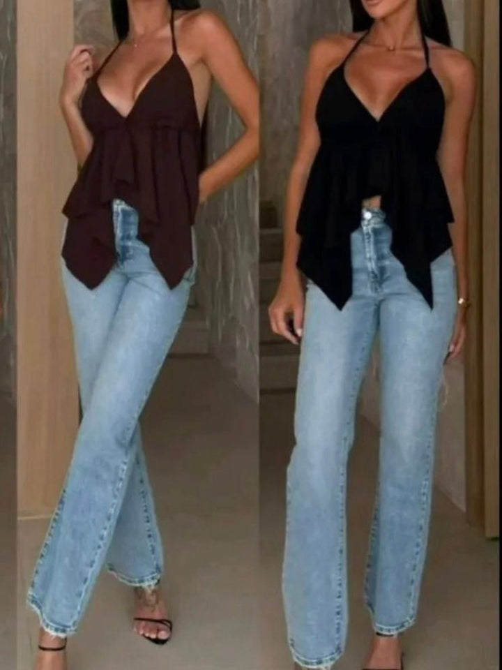 Top in chiffon a bikini chiusura regolabile con coppe preformate tinta unita Nero Level Stores