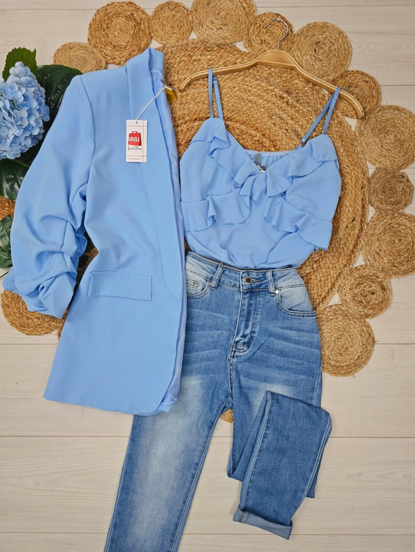 Top in chiffon scollo a V Spalle regolabili - Celeste - Level Stores