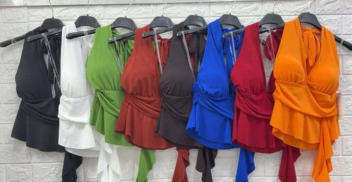 Top in lycra scollo all'americana con coppe formate con volant con balza elasticizzato - Rosso - Level Stores